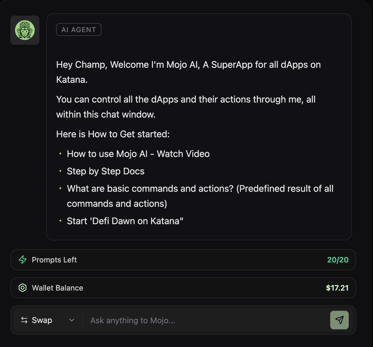 Mojo DeFi Interface - Mobile Chat View
